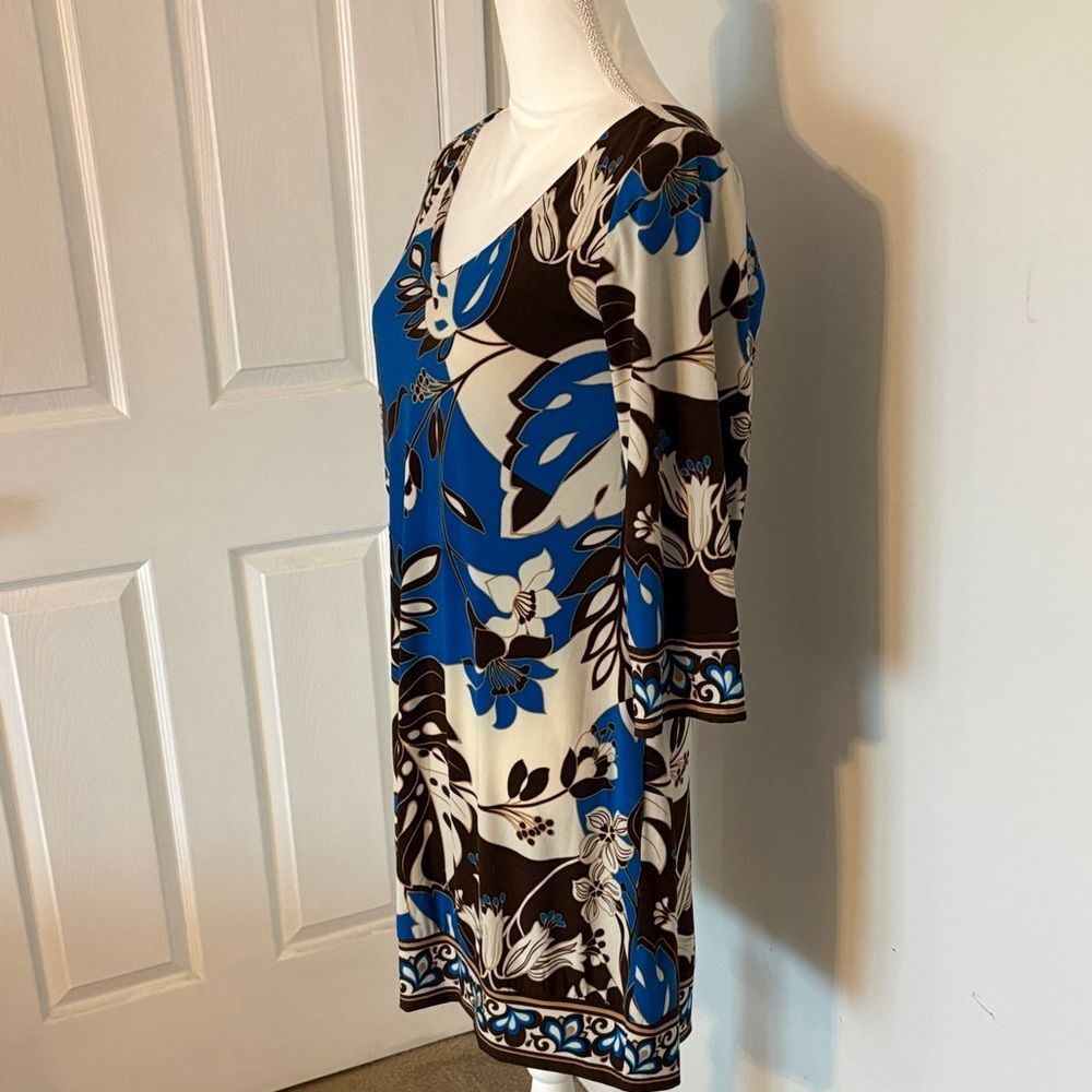 Tropical Resort Shift Dress Blue Palm Print Coastal Grandma Vacation Dress M L - Picture 3 of 7